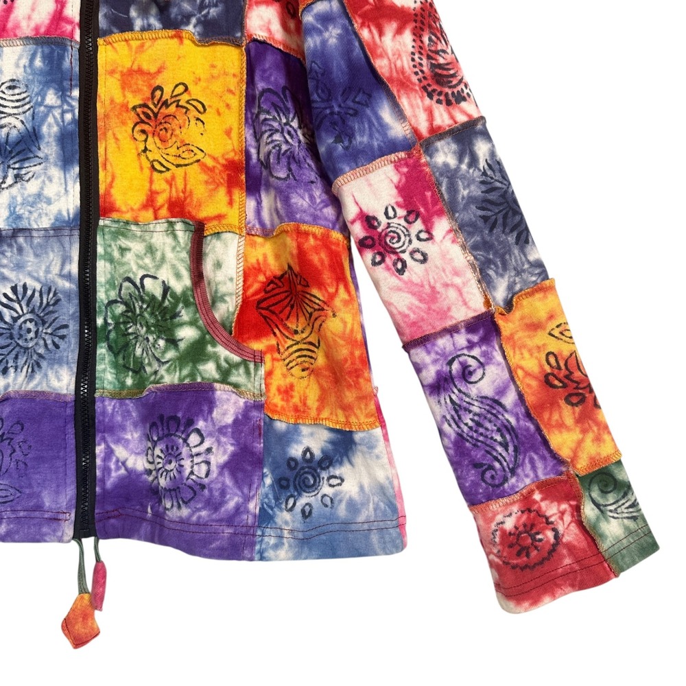 Kathmandu Imports Hoodie Patchwork Tie Dye Woodblock Print Multicolor M Boho - Picture 2 of 11